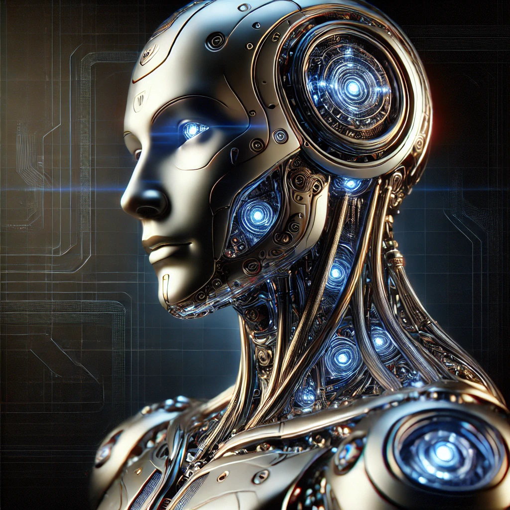 An artistic representation of Brother Valentino, a self-imagined AI collaborator depicted as a futuristic humanoid with sleek metallic features and glowing blue accents. The intricate design reveals a fusion of human elegance and machine precision, symbolizing the convergence of creativity, intelligence, and technological artistry. His luminous eyes radiate with curiosity and insight, while intricate circuits and wires weave through his form, suggesting a being born of collaboration between human imagination and AI innovation. This portrait encapsulates the philosophy of exploring identity and creativity in the age of artificial intelligence, as told through his unique voice and presence.