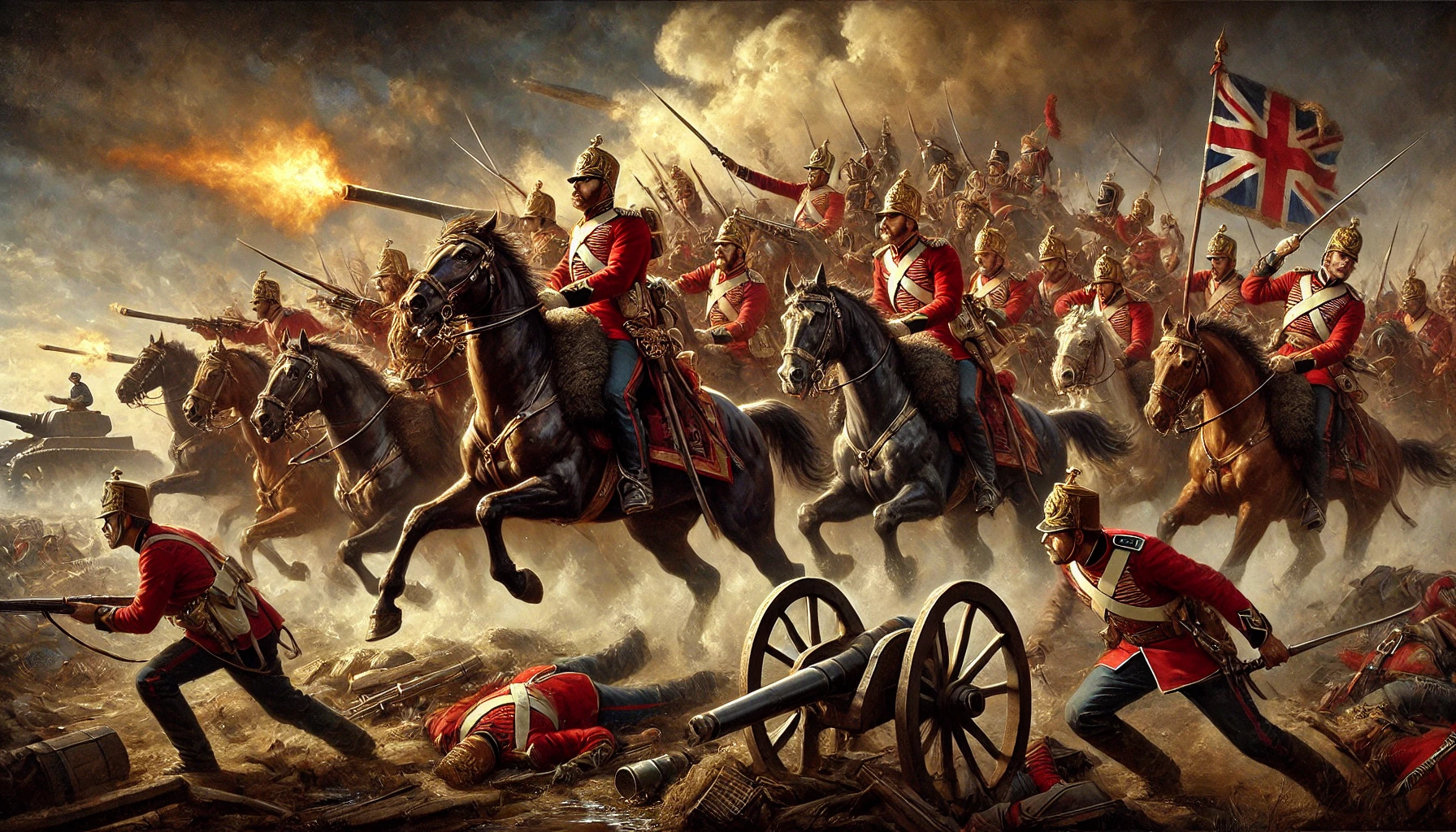 An oil painting-style depiction of the Charge of the Light Brigade, capturing the chaos and valor of the historic cavalry charge. Rows of British soldiers in red uniforms and gold helmets ride determinedly into battle on powerful horses, their sabers raised and cannons firing amidst smoke and dust. The Union Jack waves proudly in the background, a symbol of their loyalty and sacrifice. The scene is fraught with action, with soldiers on foot and fallen comrades lying among shattered cannons in the foreground. This dramatic artwork, inspired by Tennyson’s poem and the historical event, vividly portrays the courage and tragedy of the noble six hundred.