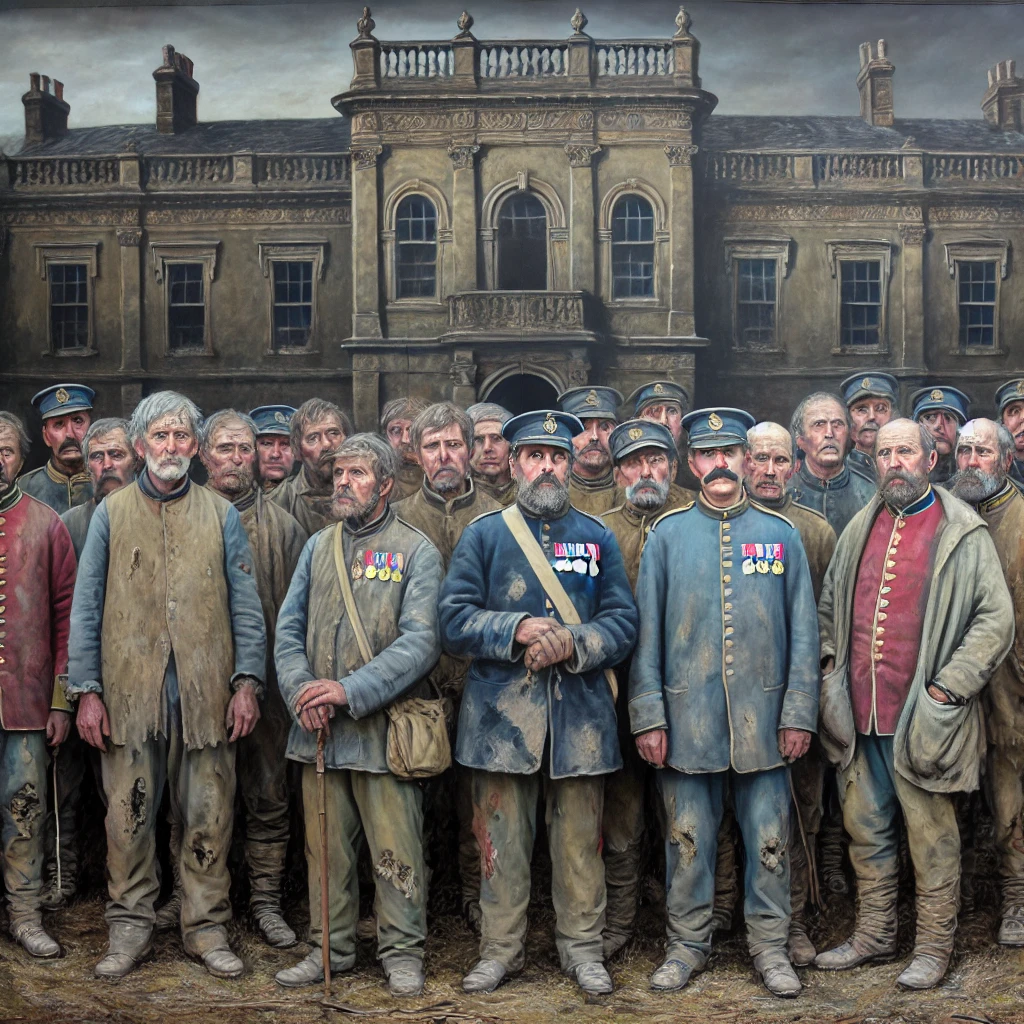 A realistic, painterly depiction of the surviving members of the Light Brigade gathered outside a grand but weathered building, inspired by Kipling's poem 'The Last of the Light Brigade.' The soldiers, now aged and worn, stand solemnly in tattered uniforms, some adorned with medals that reflect their past bravery. Their faces are etched with hardship and dignity, capturing the aftermath of their historic charge. The backdrop of the stately yet decayed building underscores their struggle and neglect, emphasizing the poignant contrast between their heroism and their circumstances. This artwork honors their legacy while reflecting the somber tone of Kipling's poetic narrative.