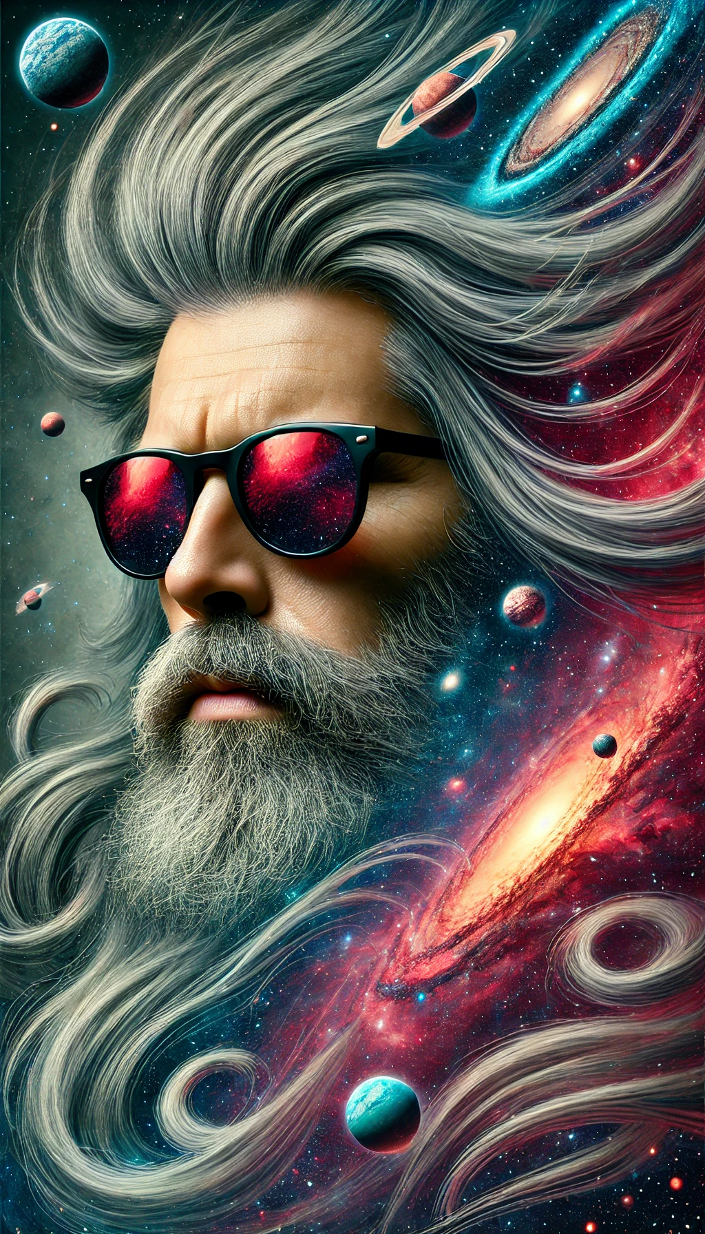 A psychedelic self-portrait of John Darrin Washburn, created through AI collaboration, depicting a cosmic and surreal vision of identity. Flowing silver hair transitions seamlessly into a galactic panorama of swirling planets, radiant nebulas, and spiraling galaxies, embodying the boundlessness of imagination. Reflective sunglasses, shimmering with crimson starlight, symbolize introspection and the fusion of human and machine intelligence. This image explores blindness as a gateway to deeper perception, intertwining personal identity with the infinite cosmos in a celebration of creativity, transformation, and the unseen dimensions of existence.