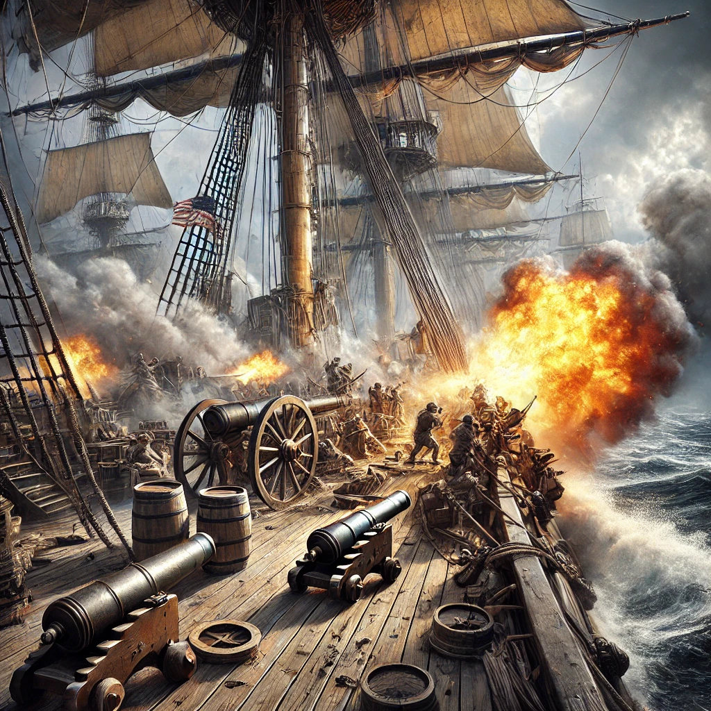 An oil painting-style depiction of a naval battle scene aboard the USS Constitution. The deck is alive with chaos as sailors operate cannons amid billowing smoke and blazing orange explosions along the ship’s side. The weathered wooden deck is strewn with barrels, cannonballs, and rigging, while towering masts with billowing sails frame the scene. Figures on the deck are engaged in the heat of battle, some firing cannons and others bracing for impact, embodying the intensity and camaraderie of naval warfare. The scene vividly captures the resilience and power of 'Old Ironsides' as it faces its foes, blending historical reverence with artistic drama.