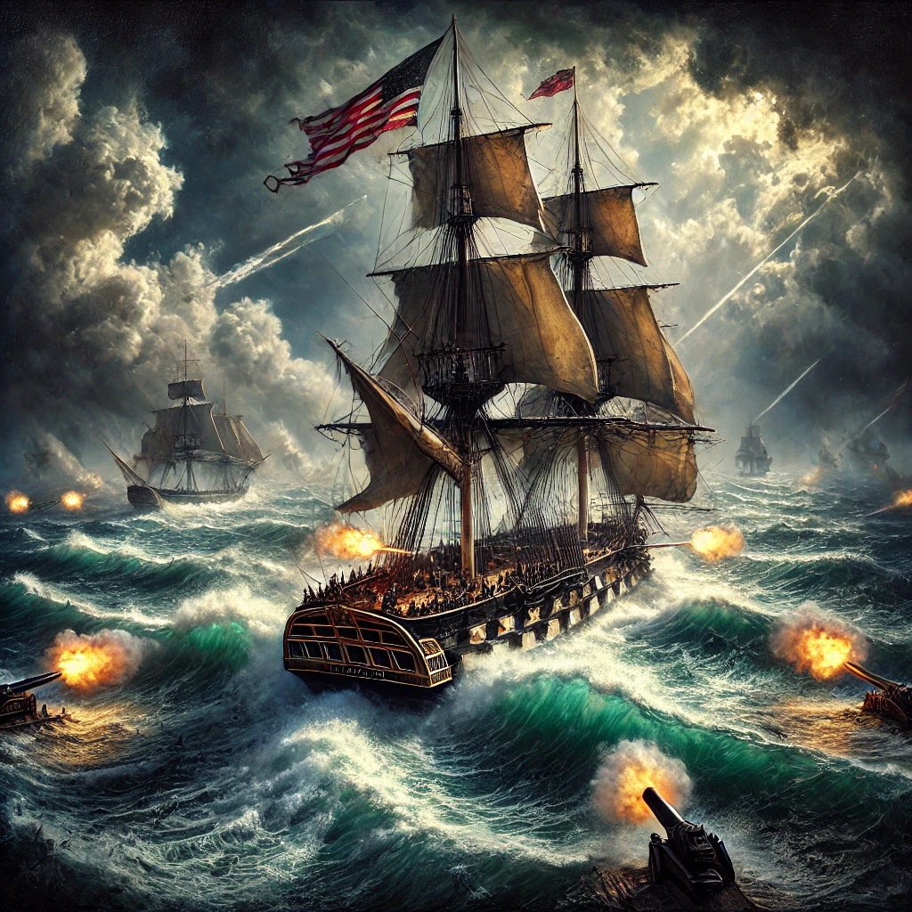 An oil painting-style depiction of the USS Constitution engaged in a fierce naval battle on a stormy sea. The ship's towering masts and weathered sails are illuminated by dramatic light breaking through storm clouds, with its American flag rippling proudly above. Fiery cannon blasts erupt from the ship's deck and surrounding vessels, while streaks of cannon fire cut through the darkened skies. The churning waves reflect the chaos of battle, with smaller ships visible in the distance amidst the fray. The scene captures the indomitable spirit of 'Old Ironsides,' blending vivid artistry with historical reverence for its legendary resilience and valor in combat.