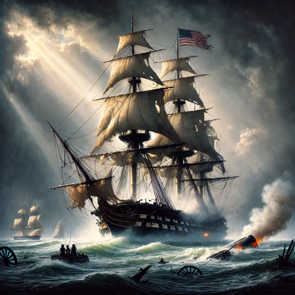 An oil painting-style depiction of the USS Constitution, known as 'Old Ironsides,' cutting through stormy seas under dramatic sunlight piercing through heavy clouds. The ship’s weathered sails billow in the wind, revealing scars of battle, while its masts proudly fly the American flag, symbolizing resilience and freedom. In the foreground, turbulent waves carry debris and a damaged cannon, hinting at the chaos of naval warfare. Figures in a small lifeboat navigate the treacherous waters, emphasizing the human scale amidst the grandeur of the ship. The image captures the timeless strength and endurance of the USS Constitution, blending artistry with reverence for its storied past, as part of a tribute to the poem 'Old Ironsides.'